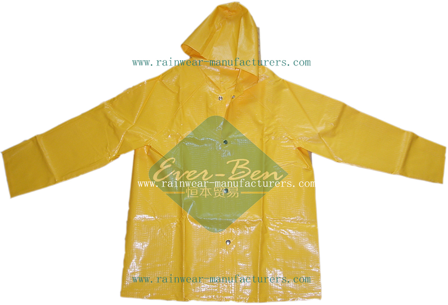 Yellow PVC Heavy Duty Rain Gear-Plastic Hooded Rain Mac Supplier-Heavy Duty Rain Gear for Work